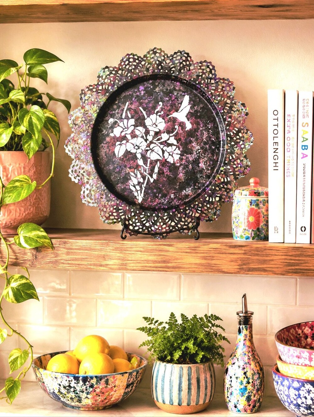 HANDCRAFTED Upcycled Metal Tray HANDPAINTED Tabletop Art Decor Floral Artwork